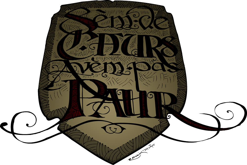 Blason calligraphié "Sèm de Caors, avèm pas paur" - mise en couleur numérique